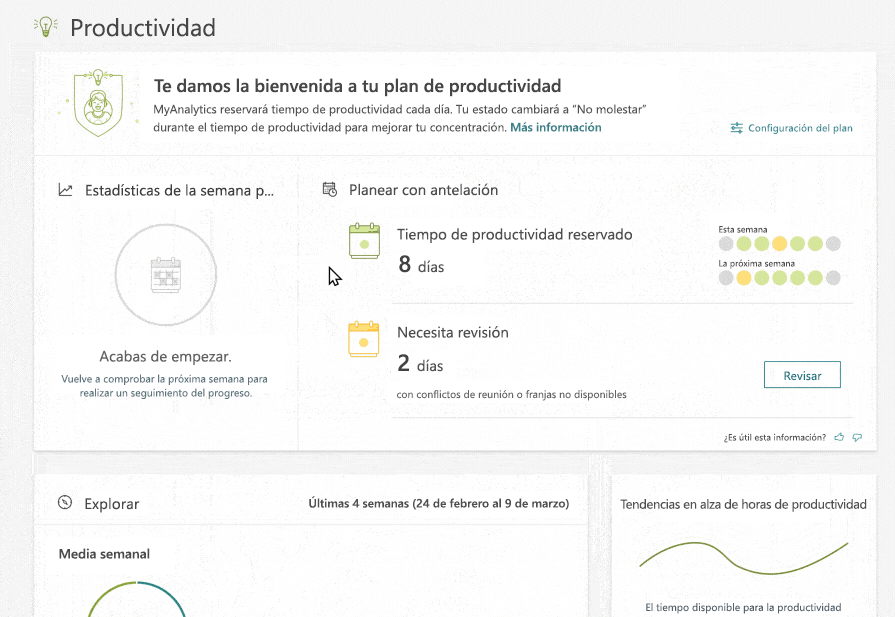 Panel de MyAnalytics con la pestaña Concentración seleccionada. El usuario hace clic en “Probar” para empezar a usar esta opción y, automáticamente, se realiza la reserva de tiempo de concentración todos los días. El calendario de Outlook muestra los bloques de tiempo de concentración en verde.