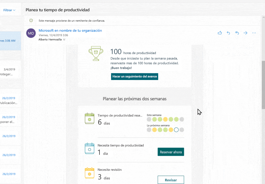 El resumen de correo electrónico muestra una síntesis de tu semana en la que se indica el número de días con tiempo de concentración reservado. También ayuda a planificar las próximas dos semanas al destacar los días sin tiempo de concentración ni conflictos.