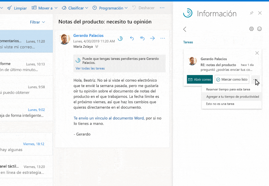 La sugerencia directa en Outlook destaca una tarea pendiente de realizar para la persona que envía el correo electrónico al usuario. El usuario agrega la tarea a un bloque de tiempo de concentración próximo.