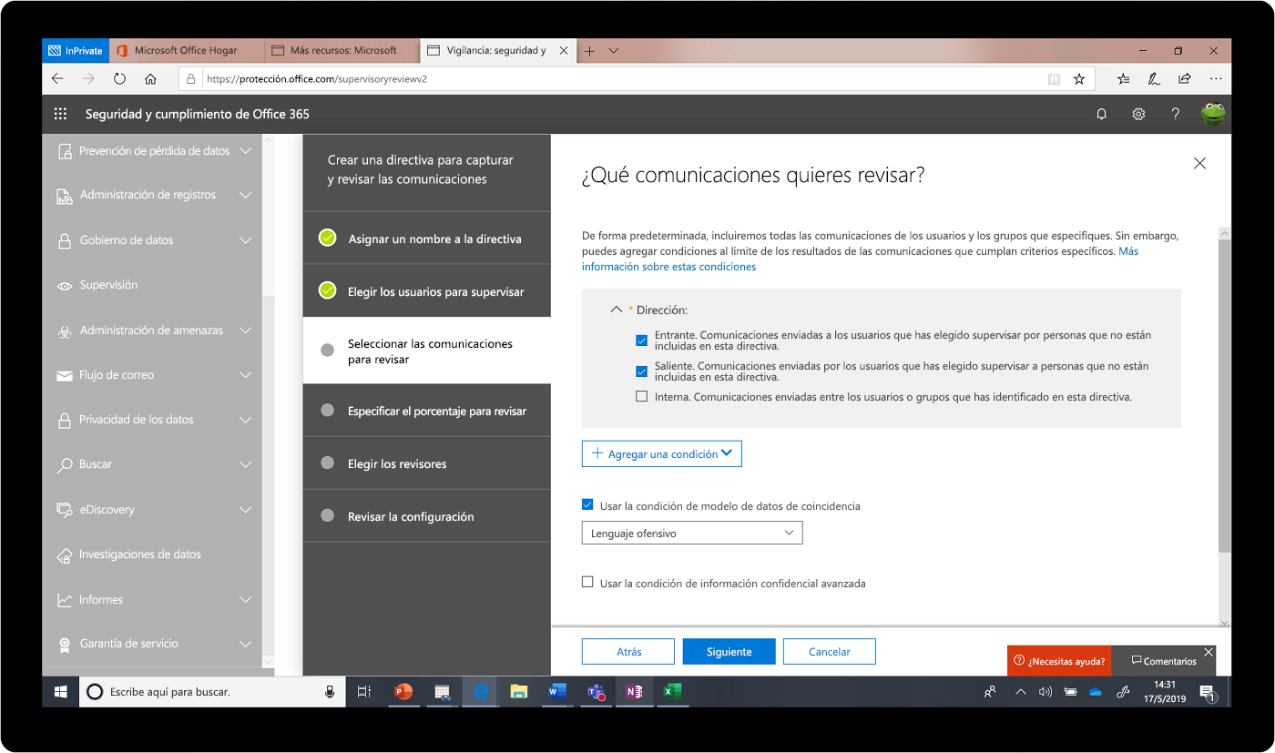 Captura de pantalla del Centro de seguridad y cumplimiento de Office 365.