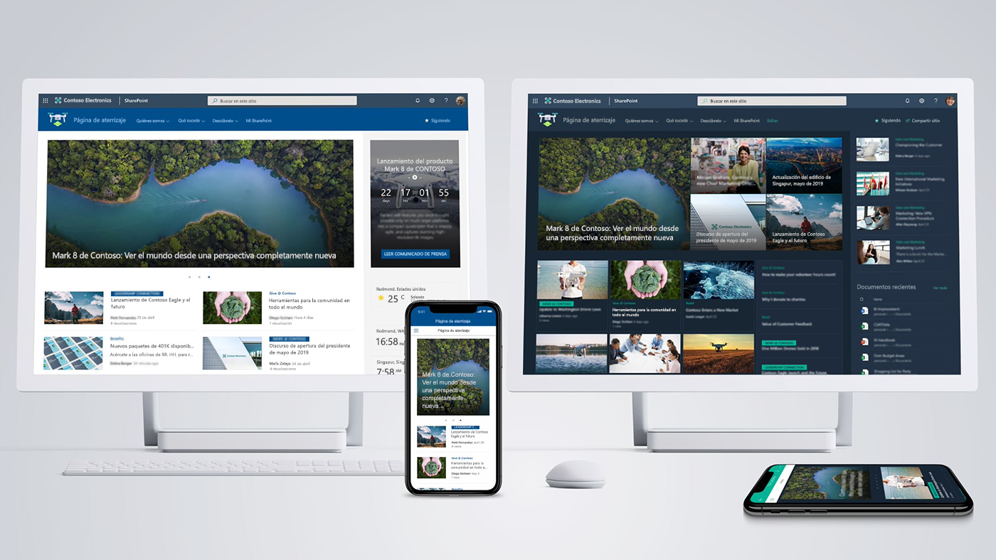 Imagen de varios dispositivos donde se muestran los sitios principales de SharePoint, que ofrecen una experiencia del empleado dinámica, interactiva y personalizada para las organizaciones.