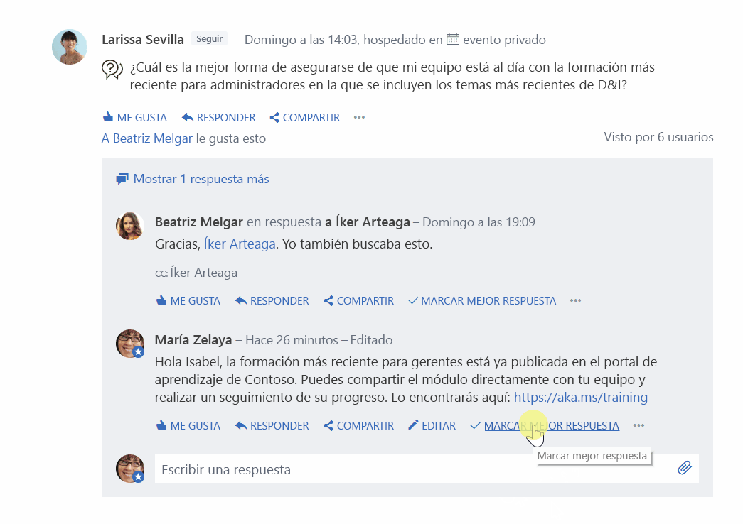 Imagen donde se muestra la función de pregunta y respuesta de Yammer. Un cursor hace clic en “Marcar la mejor respuesta” en la respuesta de un usuario.