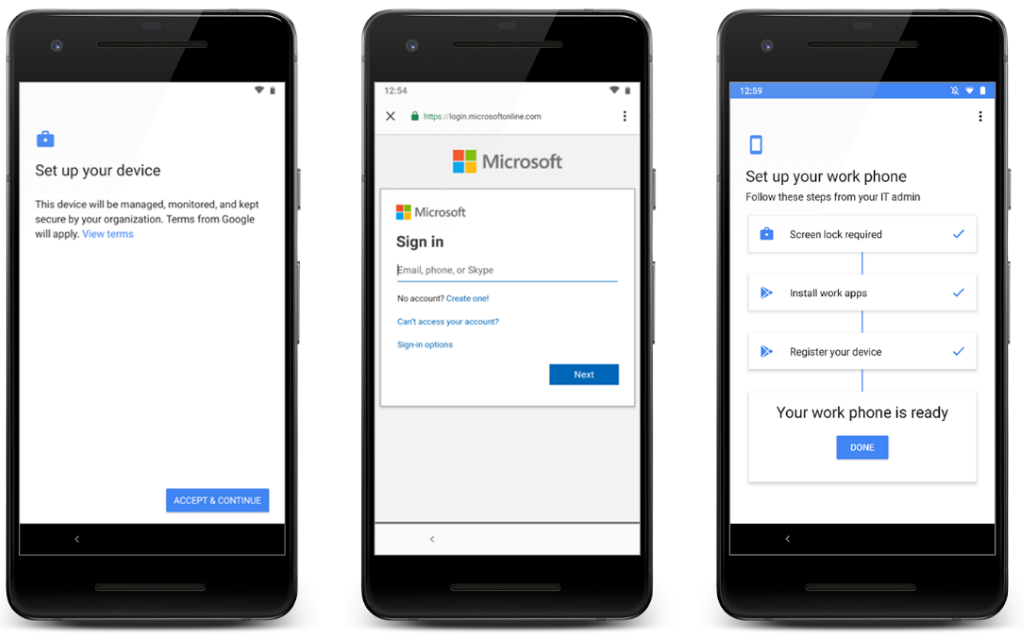 Imagen de tres teléfonos en paralelo en los que se configura un dispositivo como teléfono de trabajo en Microsoft Intune.