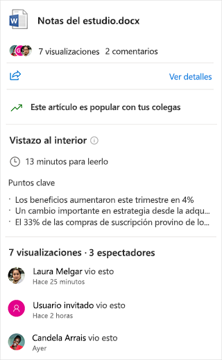 Se muestra una captura de pantalla como vistazo interior de un documento de Word, con puntos clave y tiempo para leer el documento.