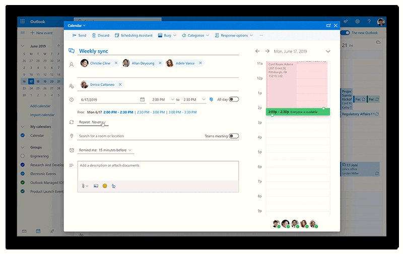 Captura de pantalla animada de una reunión de Teams que se está creando en Outlook.