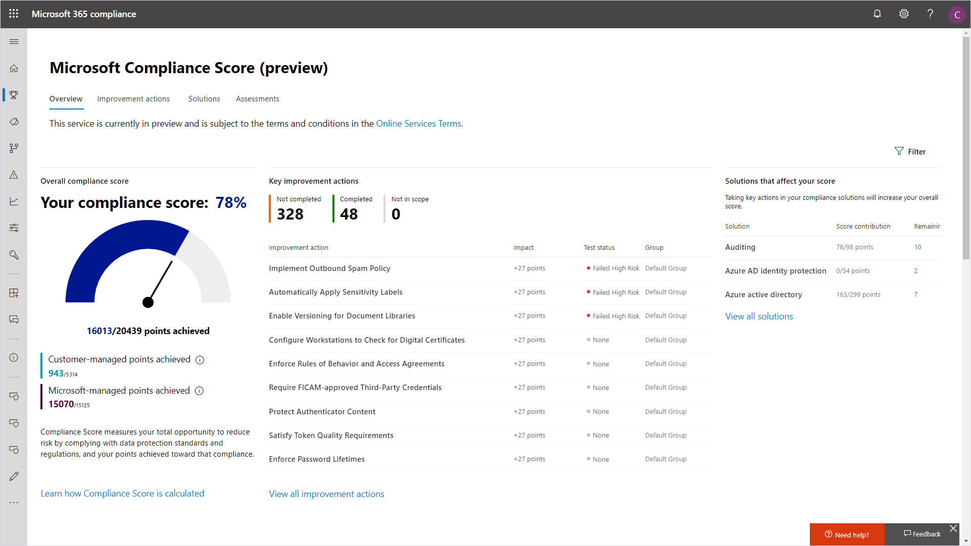 Imagen que muestra la Puntuación de cumplimiento de Microsoft, ahora en versión preliminar.