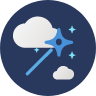 Blue circular icon with white clouds and light blue magic wand