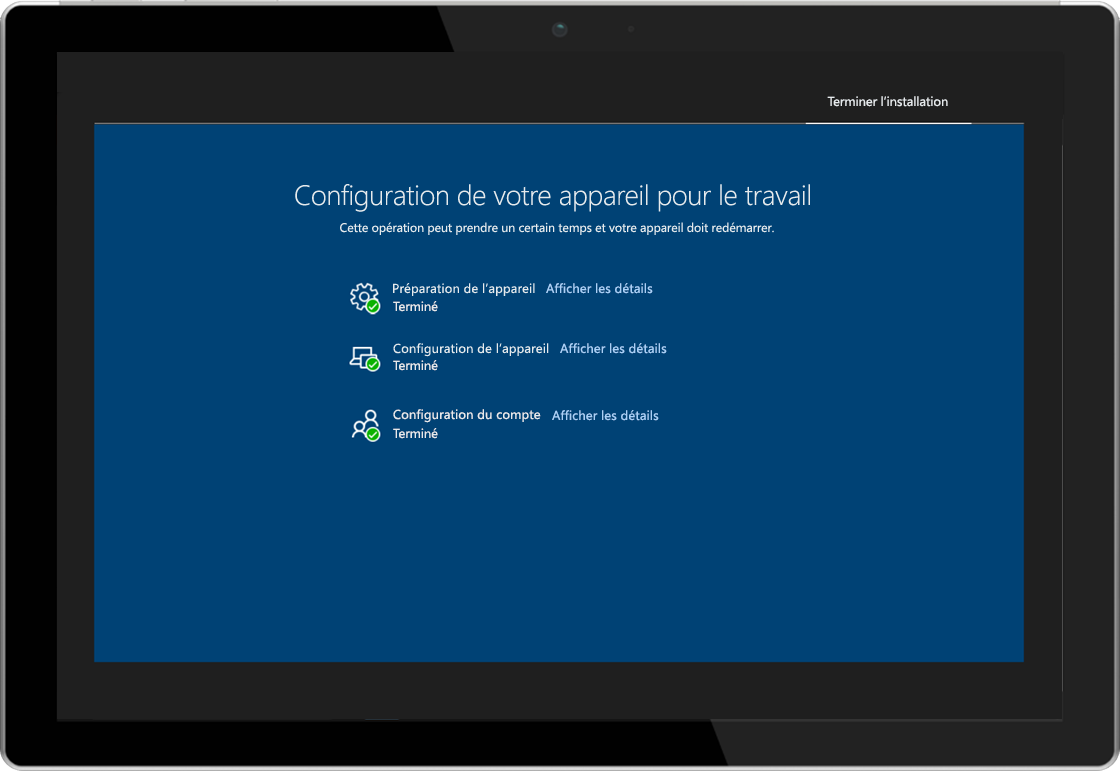 Image d’une tablette affichant la page d’état d’inscription de Windows AutoPilot