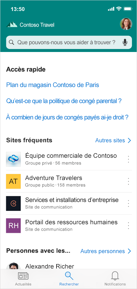 Cette image présente l’onglet Rechercher introduit dans l’application mobile SharePoint, qui vous permet de trouver des personnes, du contenu et des réponses à vos questions lorsque vous êtes en déplacement.