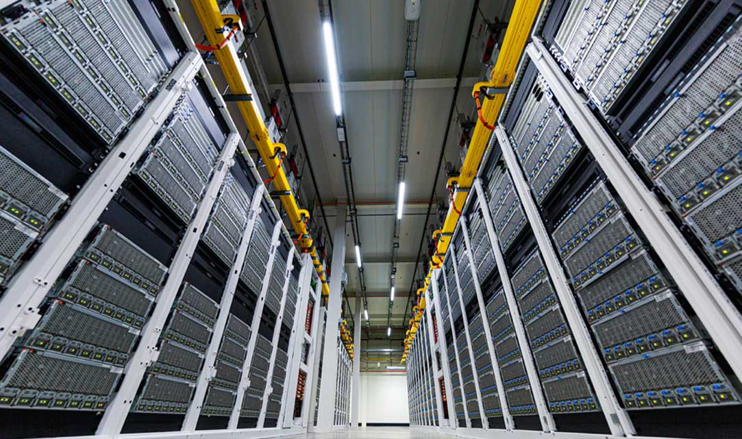 Microsoft datacenter cold aisle row of server racks - wide angle