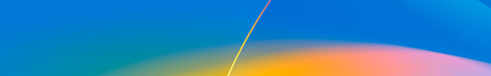 A vibrant abstract artwork featuring a gradient blend of blue, green, and orange hues, intersected by a thin, bright diagonal line. 