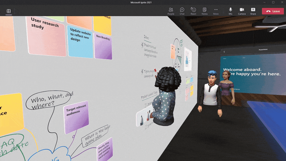 תמונה מונפשת של Microsoft Teams Whiteboard עם שלושה סמלי אוואטאר הפועלים על-גבי הלוח.