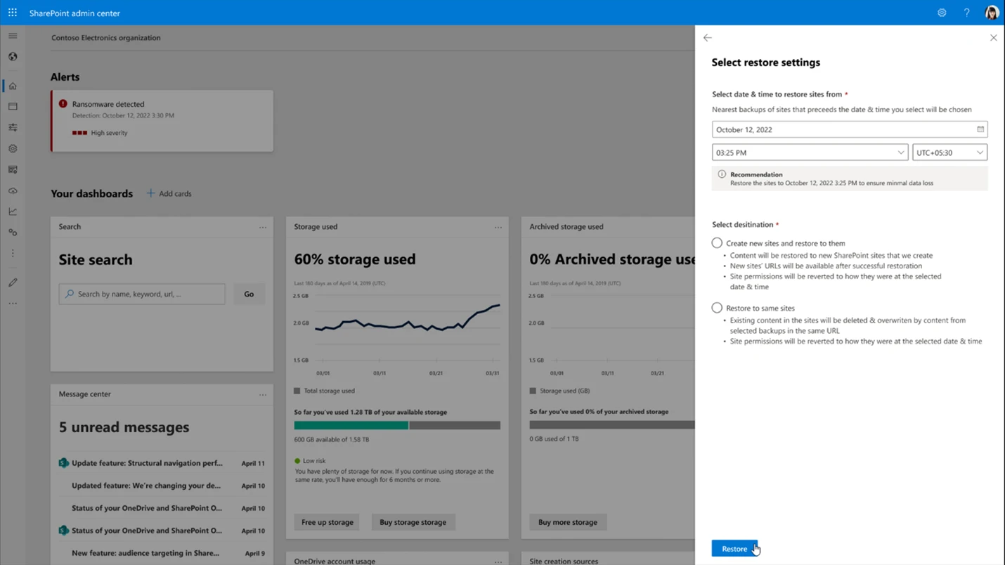 A SharePoint felügyeleti központjának felhasználói felülete, ahol kiválaszthatók a visszaállítási beállítások, például a dátum és az idő.