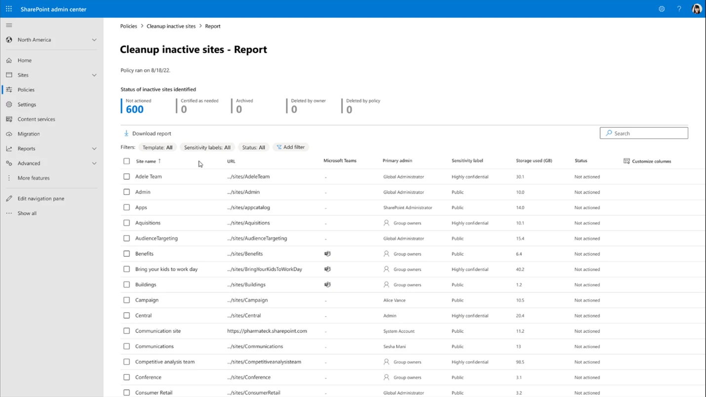 A SharePoint felügyeleti központjának felhasználói felülete egy webhelylistát és információkat tartalmazó jelentéssel, amelyen megjelenek többek között a rendszergazdai névjegyek, a felhasznált tárterület, a bizalmassági címkék és azok állapota.