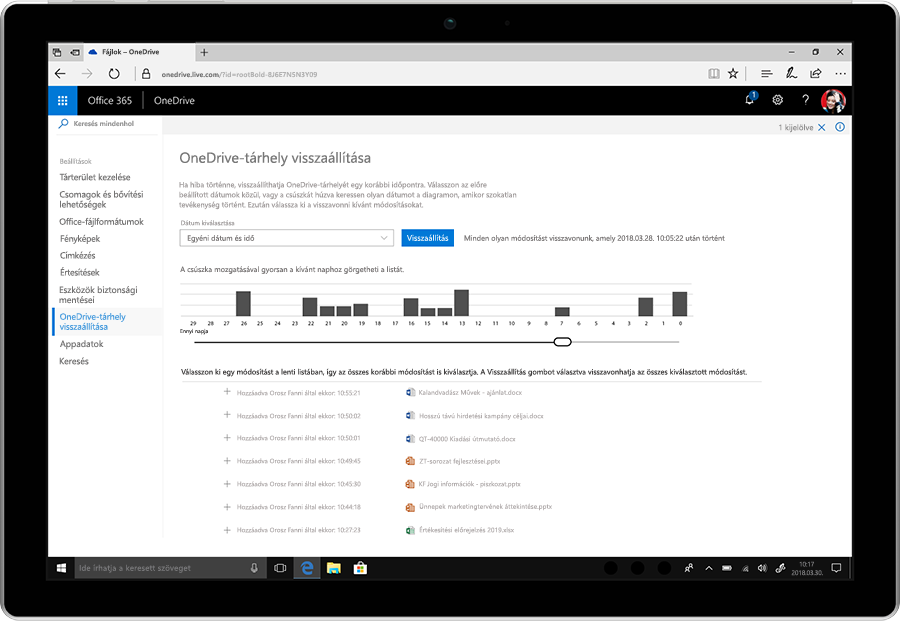 A OneDrive Fájlok visszaállítása funkcióját bemutató képernyőkép.