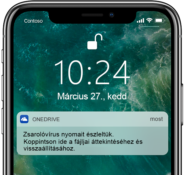 Egy mobiltelefon képernyőképe, a Zsarolóvírusok észlelése és a fertőzött fájlok helyreállítása funkció látható rajta.