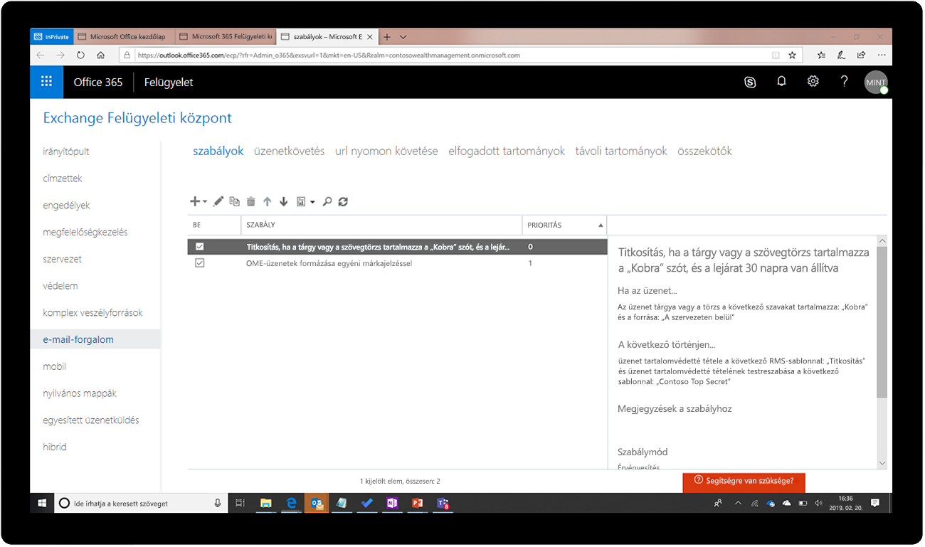 Képernyőkép az Exchange Felügyeleti központról