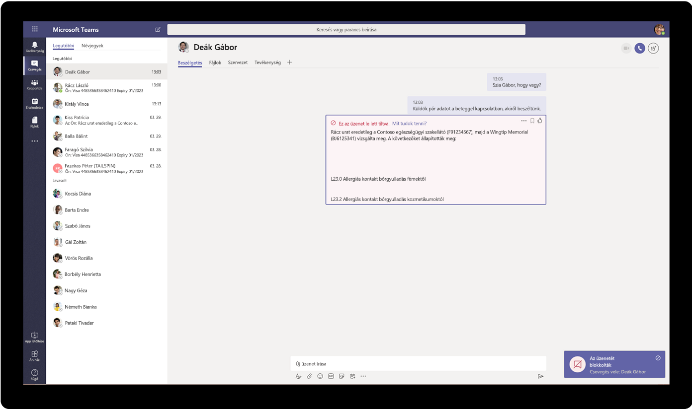 Képernyőkép egy blokkolt üzenetről a Microsoft Teamsben
