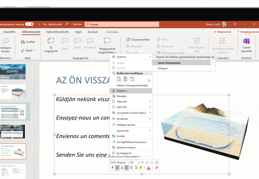 Képernyőkép a több nyelv támogatását biztosító funkció használatáról egy Microsoft PowerPoint-dián