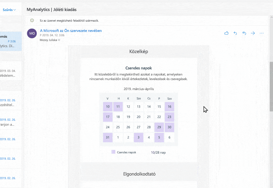 Képernyőkép a MyAnalytics szolgáltatásról az Outlookban