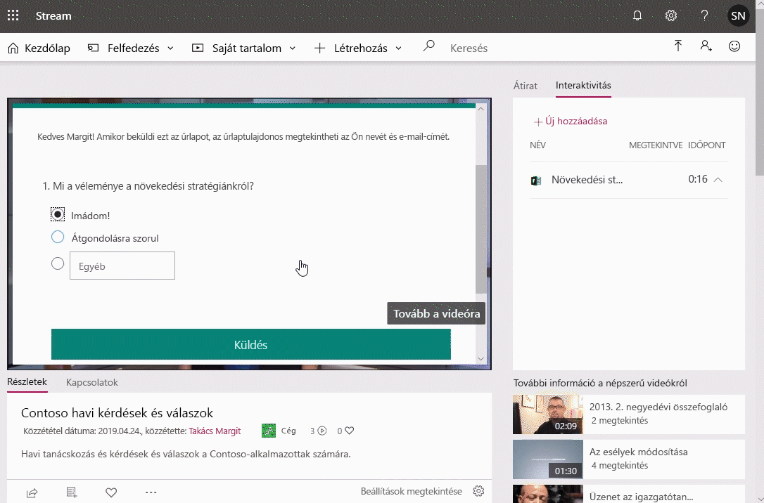 Képernyőkép egy Microsoft Streamben lejátszott videóról