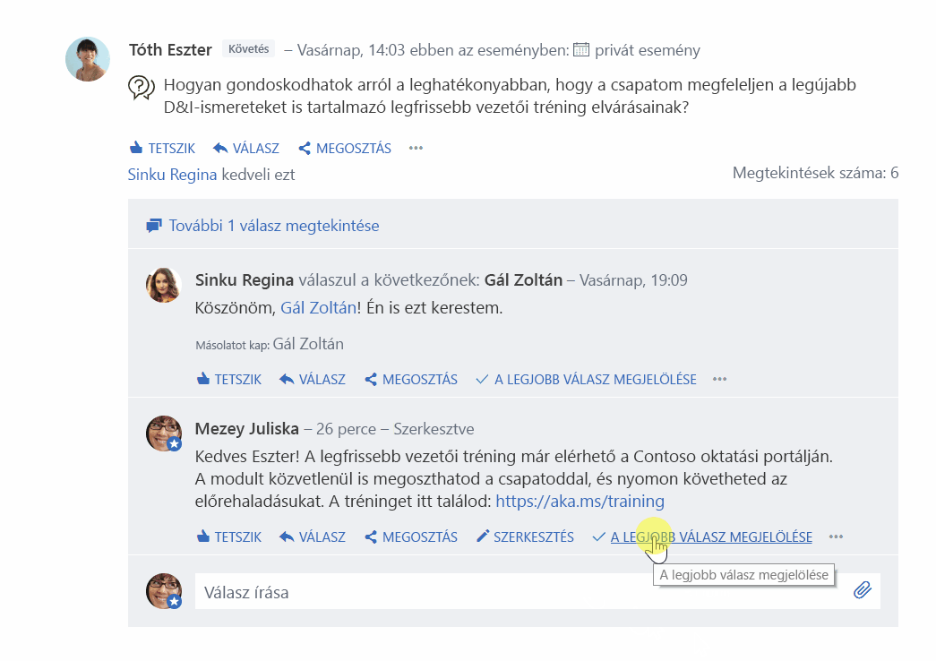 A Yammer kérdés és válasz funkcióját ábrázoló kép. A kurzor egy személy válaszán „A legjobb válasz megjelölése” hivatkozásra mutat.