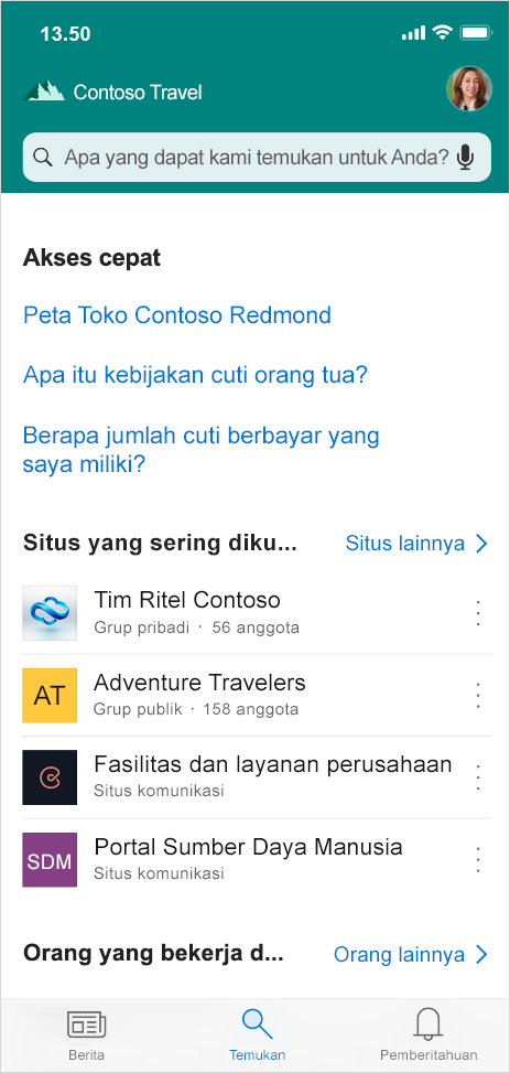 Gambar ini memperlihatkan tab Temukan, segera hadir dalam aplikasi seluler SharePoint, memungkinkan Anda untuk menemukan orang, konten, dan jawaban di mana saja.