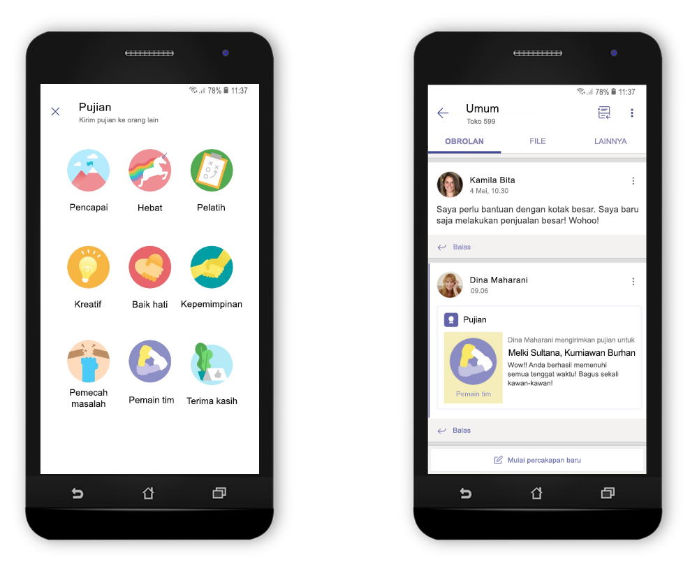 Dua telepon seluler memperlihatkan fitur Pujian baru yang digunakan di Teams.
