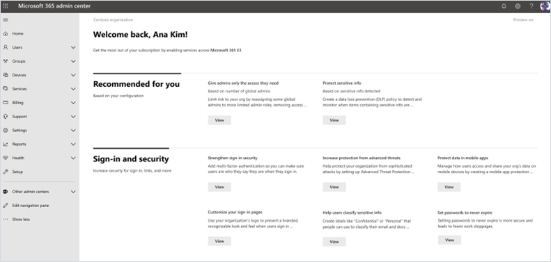 Cuplikan layar Hub onboarding di pusat admin Microsoft 365.