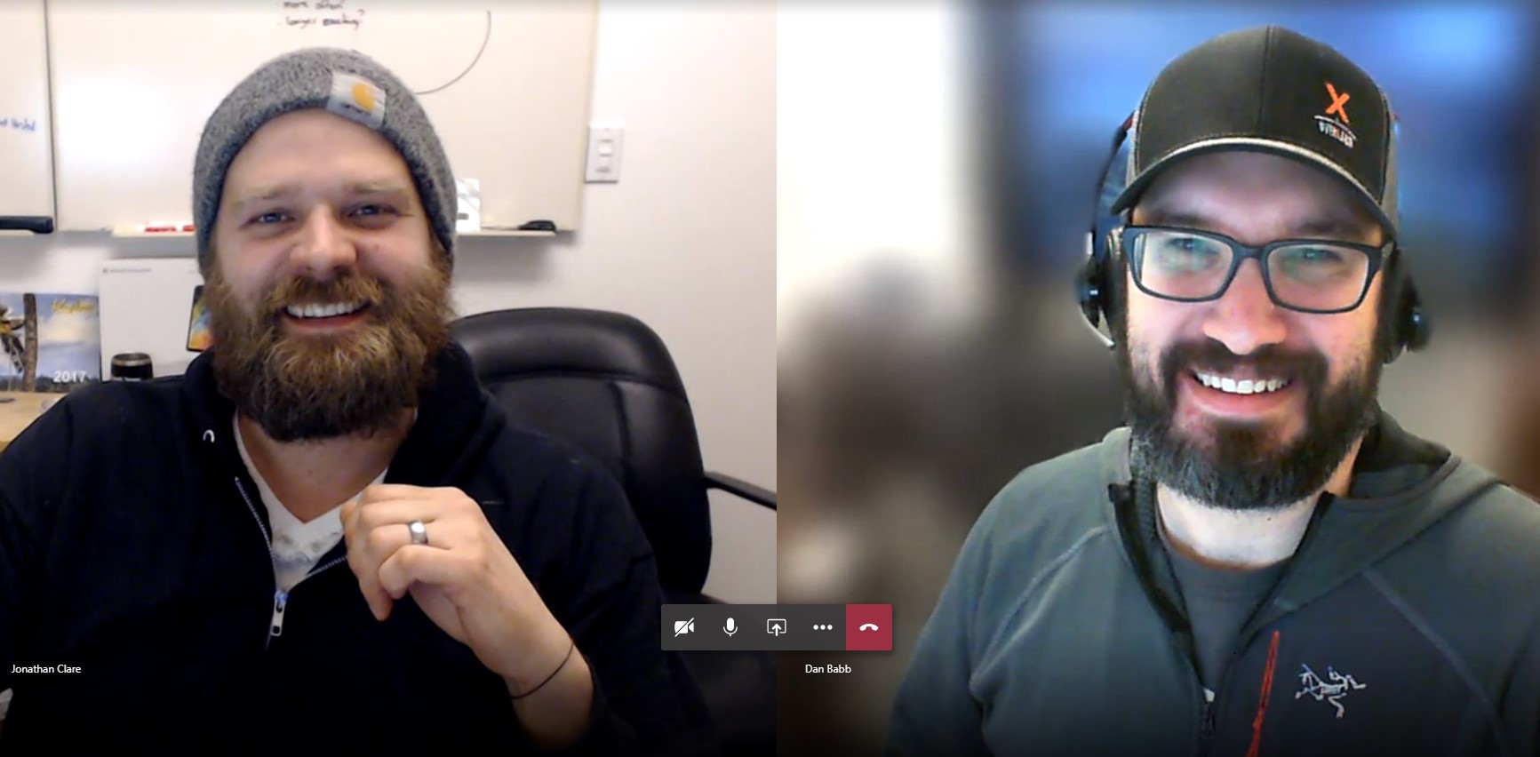 A screenshot shows Clare on the left and Babb on the right. Both are wearing headphones and appear next to each in a two photo-phot format spliced together in one shot by Microsoft Teams.