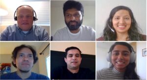 Screenshots of the Cloud and AI and Commerce Financial Services teams, working from home, conversing through Microsoft Teams.