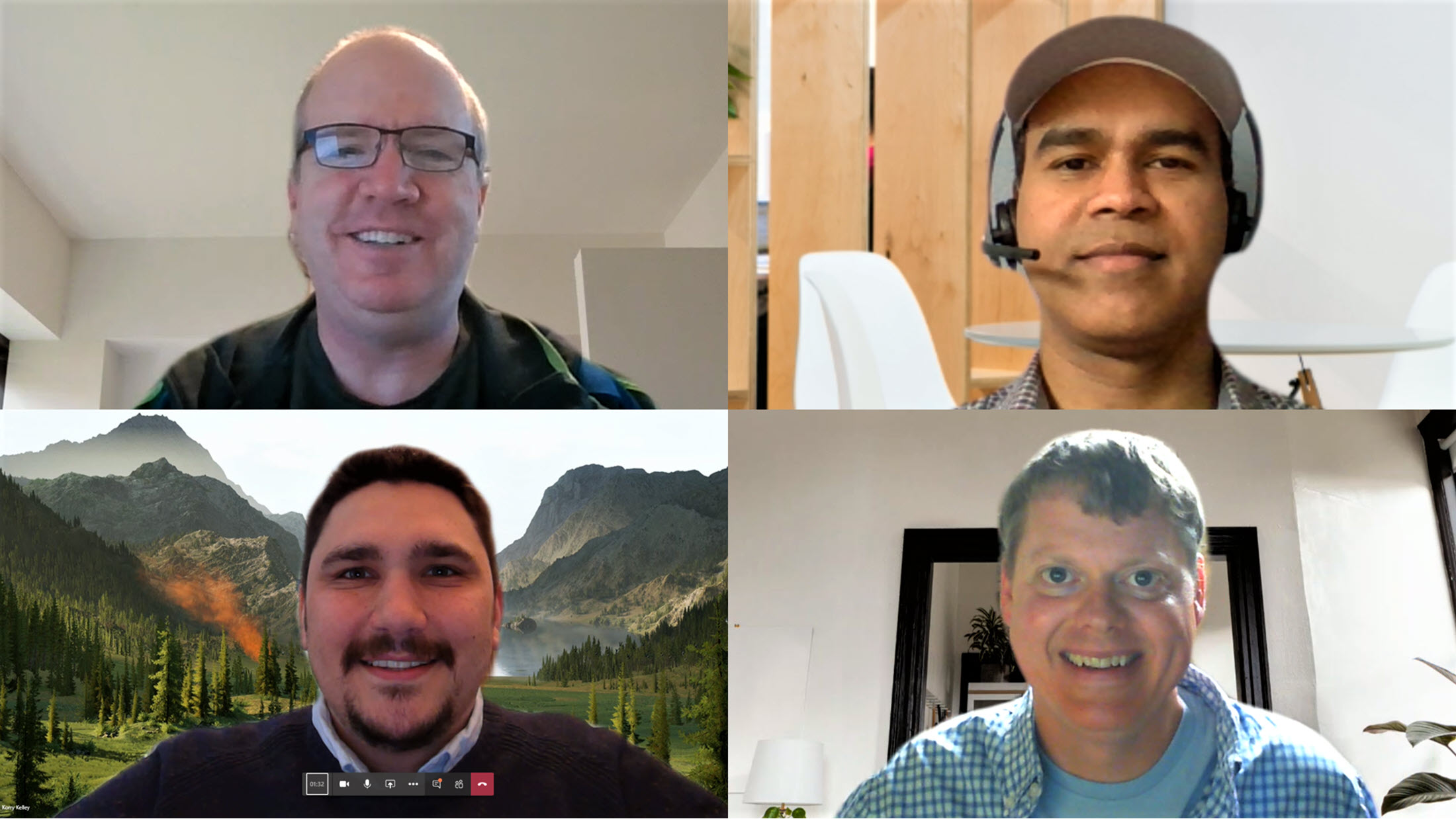 Maw, Surendranath, Kelley, and Busby pose for photos from their home offices via a Microsoft Teams call.