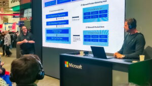 Carmichael Patton and Mark Skorupa stand on either side of a presentation slide of an overview of Microsoft’s Zero Trust security model.