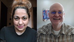 Sheikh and Apple pose for a picture during a Microsoft Teams meeting. Both are seen looking at the camera from their home offices.