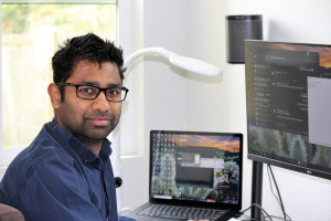 Manabendra Roy works at home on his computer. 