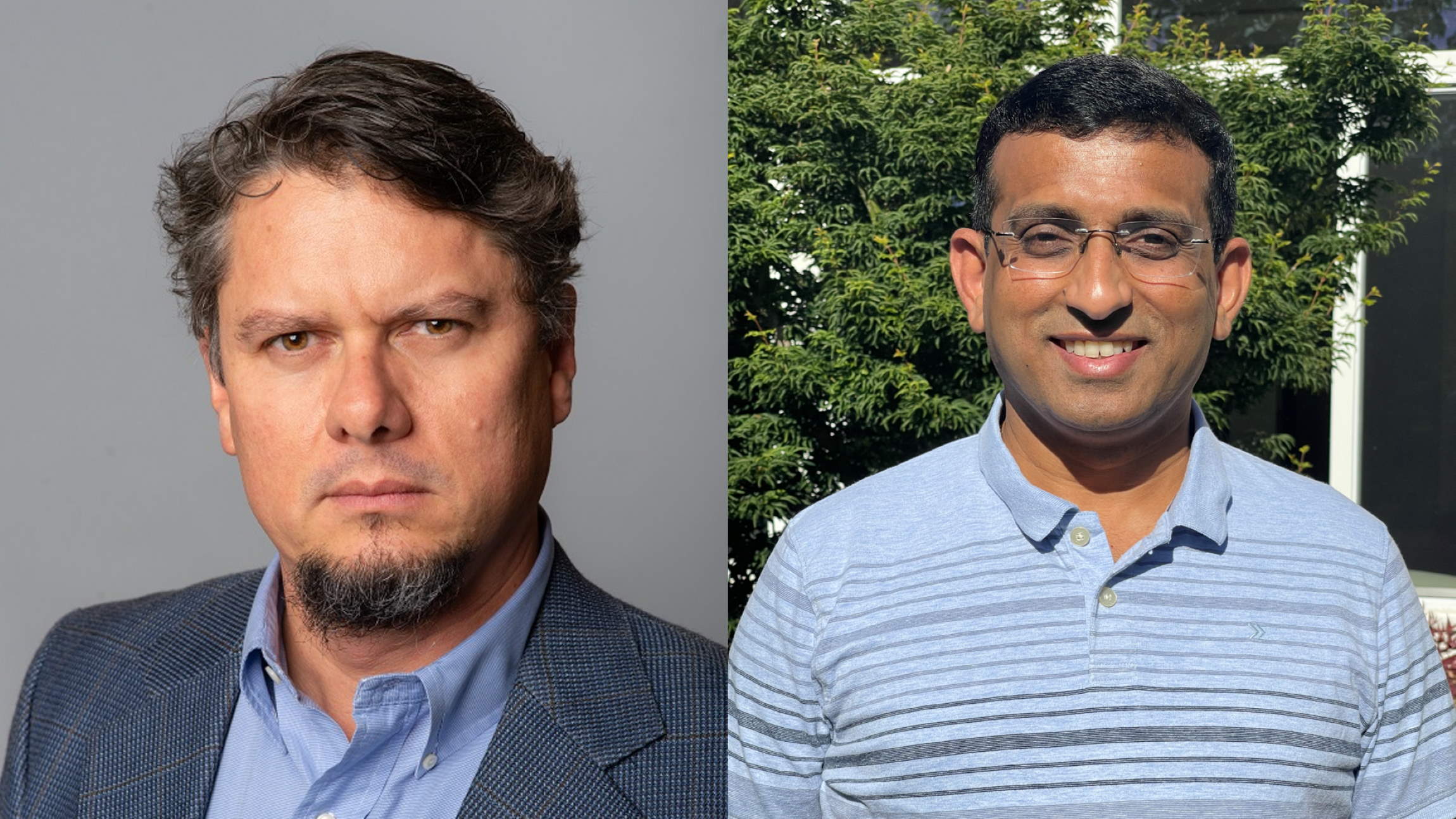 At left, Ulloa looks at the camera in a headshot photo. At right, Ambekar poses outside wearing glasses and smiling.