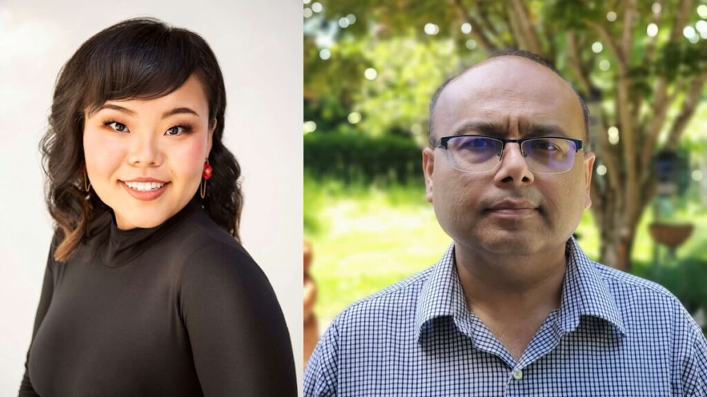 Guo and Bansal pose for separate photos. Guo is indoors in front of a washed-out background and Bansal is outside in front of greenery.