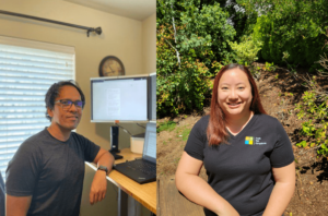 Side-by-side photos of Bejarasco, who works inside, and Lenssen, who sits at a table outside smiling at the camera.