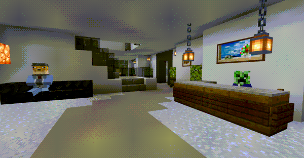 A building lobby depicted in Minecraft. A Creeper sits at the reception desk, while another Minecraft character sits on a couch.