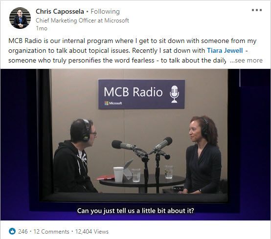 Twitter screen shot of Chief Marketing Officer Chris Capossela and employee Tiara Jewell during a live broadcast of MCB Radio.