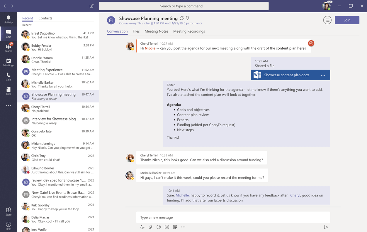 A screen shot of Teams shows how the application integrates chats, meeting notes, phone calls, and more into a single interface.