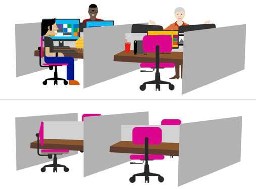Illustration depicting a full office space and an empty office space.