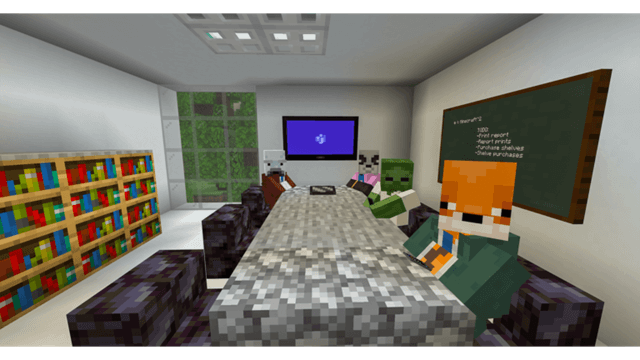 Four Minecraft characters sit at a conference room table, all looking at the camera. The room monitor shows the Microsoft Teams icon.