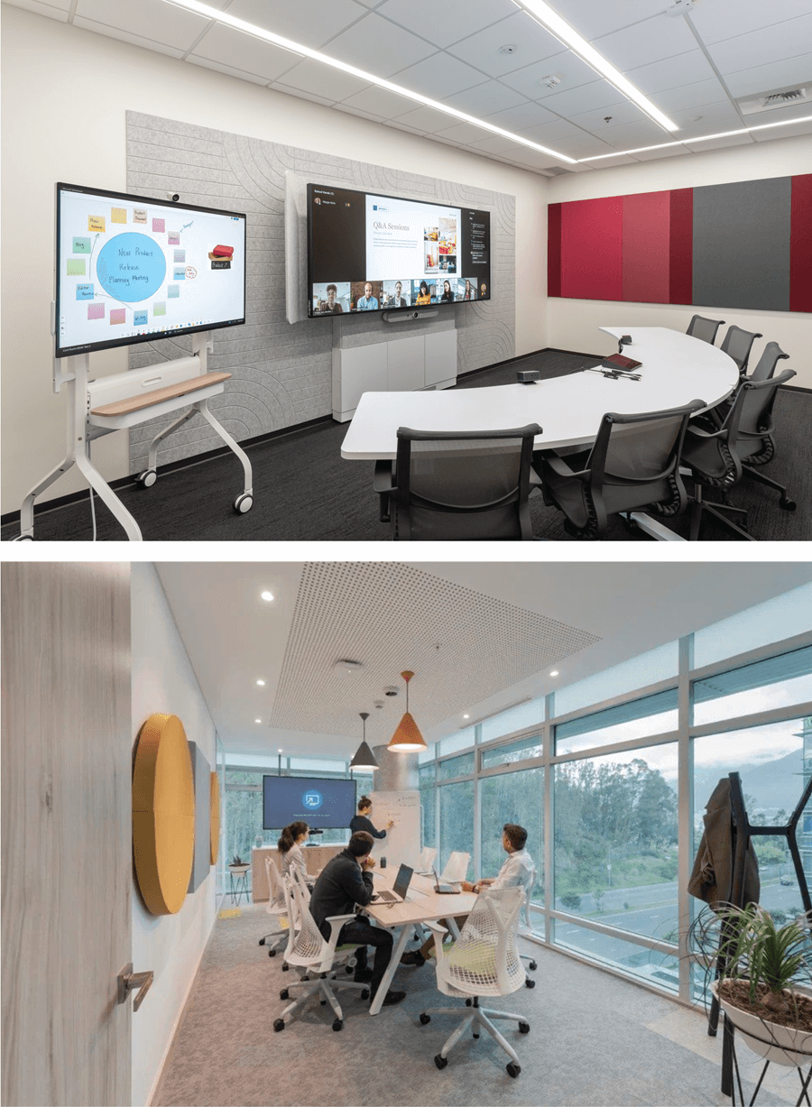 Two images are stacked on top of each other. Two images, one shows a hybrid-optimized meeting room with half circle table oriented towards a screen and the other a table in the middle of a meeting room.