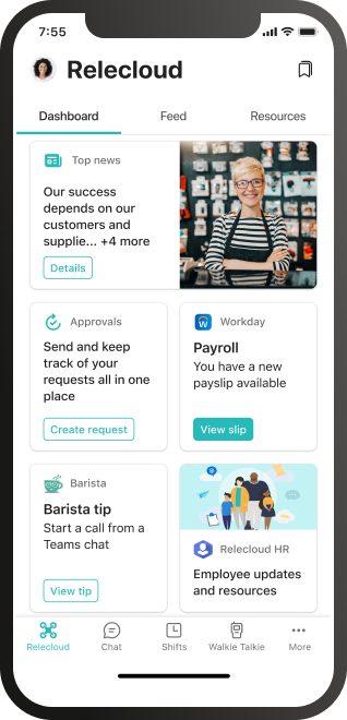 Un dispositivo mobile che mostra Viva Connections con le schede della dashboard dei nuovi partner per Workday ed Espressive Barista. 