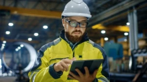 Man holding tablet in plant