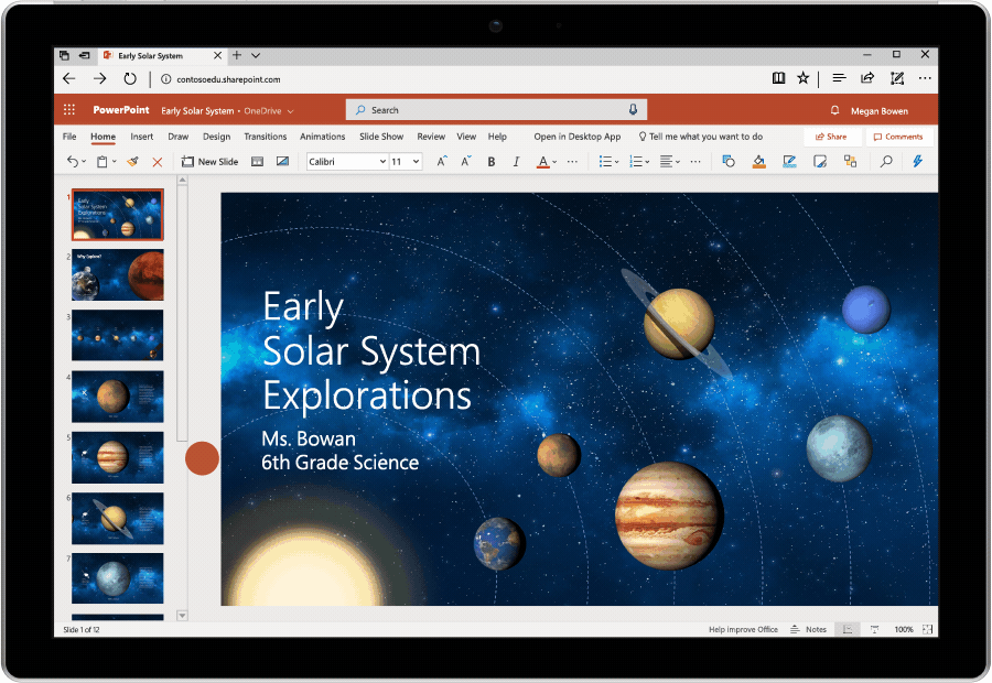 PowerPoint スライドで使用されているインク機能のアニメーション画像。太陽系に関するポップ クイズです。