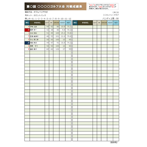 対戦表 ゴルフコンペ 無料テンプレート公開中 楽しもう Office