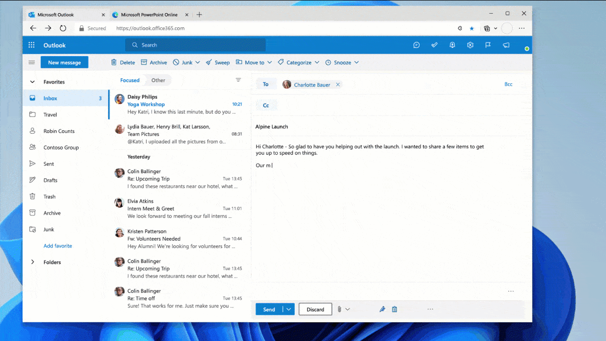 Outlook에서 사람과 파일을 제안하는 Microsoft 편집기.