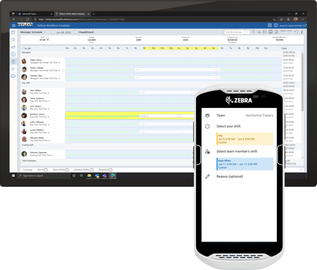 Zebra Reflexis Workforce Management 시스템 화면을 보여 주는 태블릿 한 대와 태블릿과 모바일 디바이스에서 동일한 교대 근무 바꾸기 정보를 표시하고 있는 Zebra 디바이스에서 Teams 교대 근무를 보여 주는 모바일 디바이스 한 대